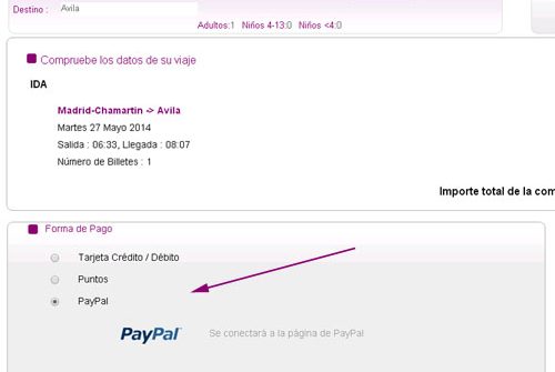 En esta pantalla del proceso de venta online puedes elegir pagar los billetes de tren con Paypal.
